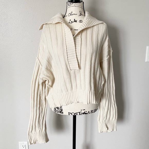 Free People We The Free Chunky Knit Sweater Rudi Funnel Neck Ivory Cream Small - Picture 2 of 10